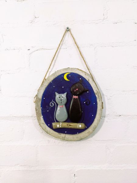 Fair Trade Handmade 2 Cats on Log Moon Painting