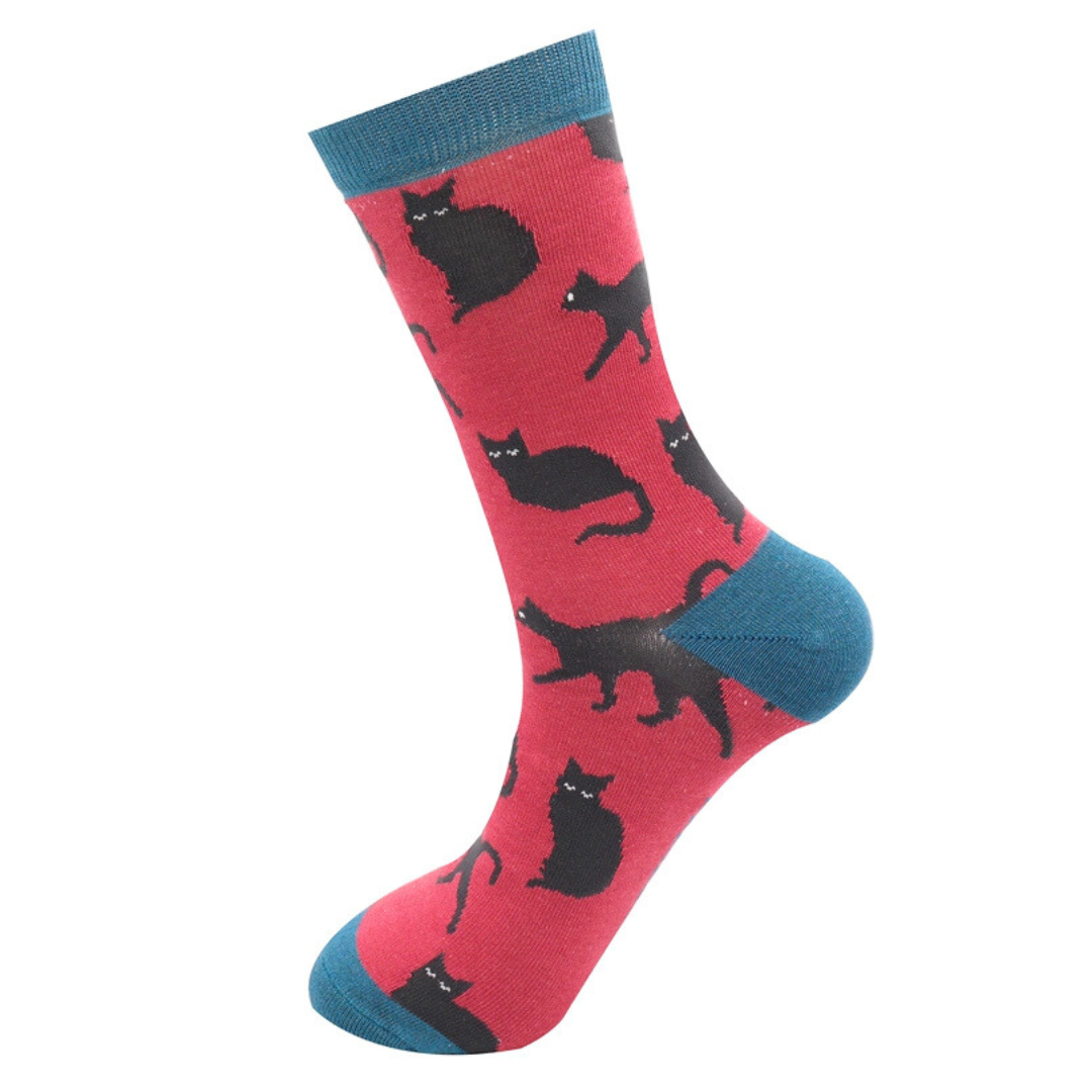 Mr Sparrow Men's Bamboo Cat Socks 'Cute Cats’ Oxblood