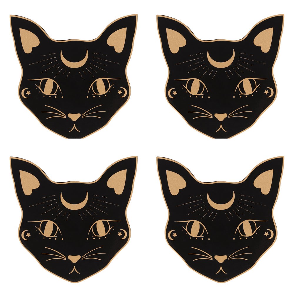 Mystic Mog Cat Face MDF Coaster Set in Holder