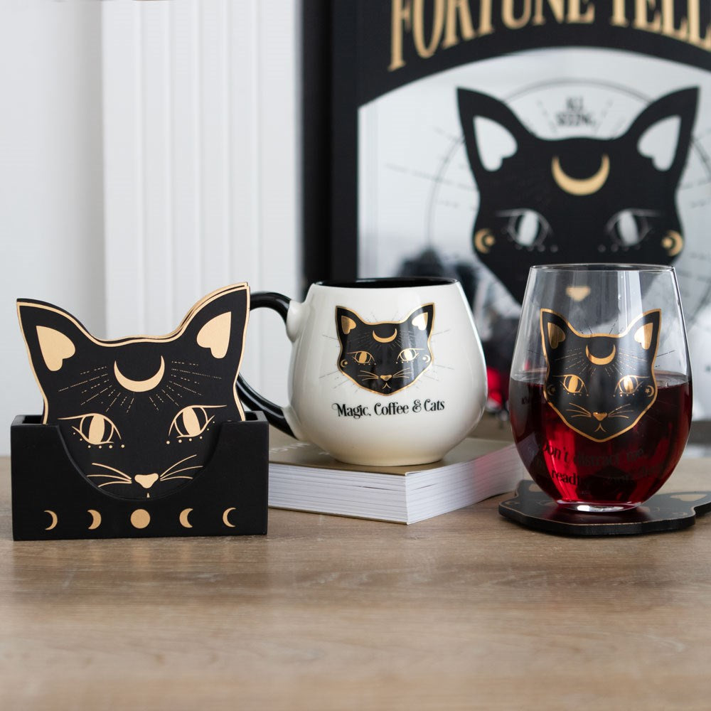 Mystic Mog Cat Face MDF Coaster Set in Holder