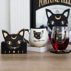 Mystic Mog cat face coaster set displayed with matching mug and mystical home décor.
