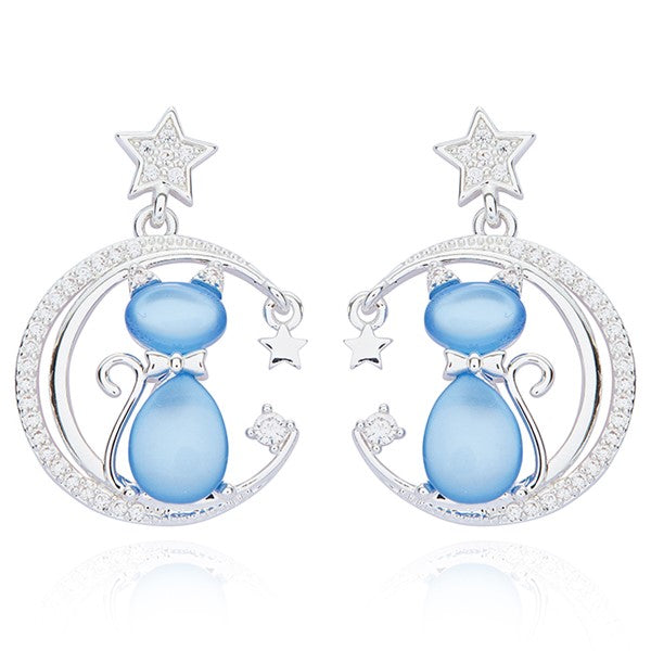 Furry Companions Cat On Moon Silver Plated Earrings