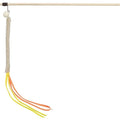 Trixie Plush Cat Teaser with wooden wand, soft cream plush attachment, small pom pom and long orange and yellow ribbons.