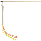 Trixie Plush Cat Teaser with wooden wand, soft cream plush attachment, small pom pom and long orange and yellow ribbons.