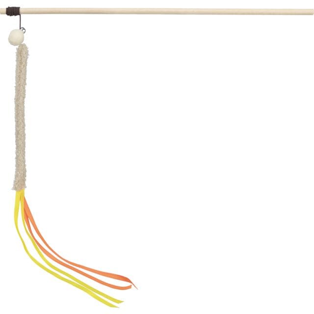 Trixie Plush Cat Teaser with wooden wand, soft cream plush attachment, small pom pom and long orange and yellow ribbons.
