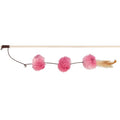 Trixie valerian cat teaser with wooden wand, three fluffy pink pom poms, small bell and feathered tail, measuring 50cm.