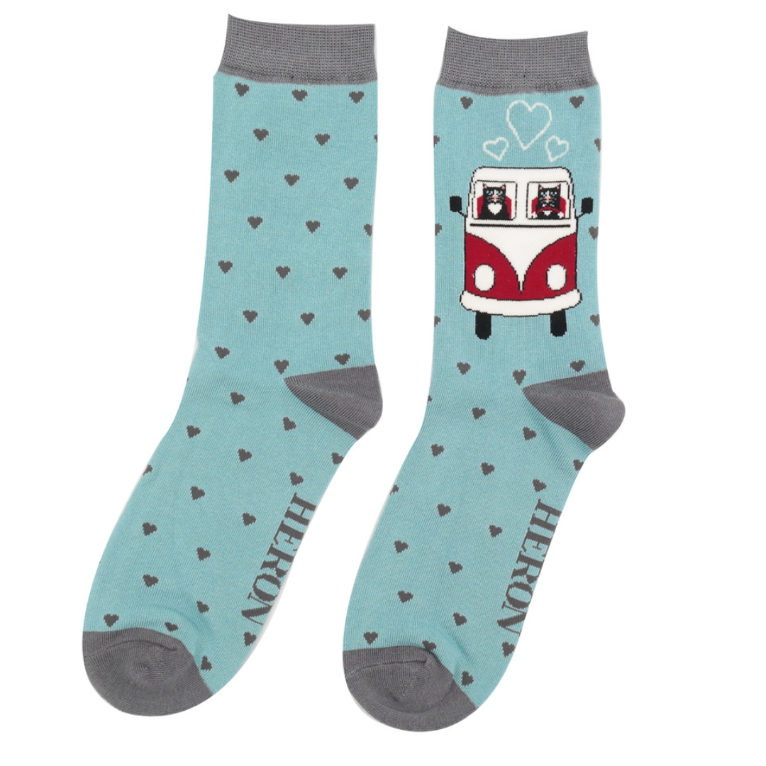 Mr Heron Men's Bamboo Socks 'Road Trip Cats' Blue