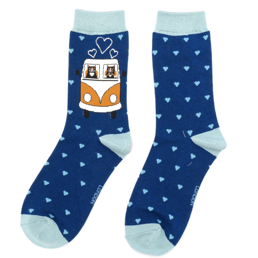 Miss Sparrow Ladies Bamboo Socks 'Road Trip Cats' Navy