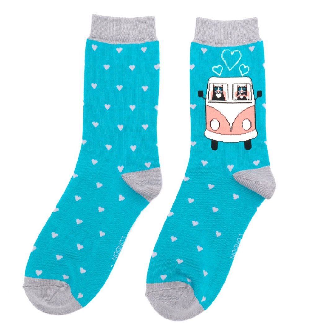 Miss Sparrow Ladies Bamboo Socks 'Road Trip Cats' Teal