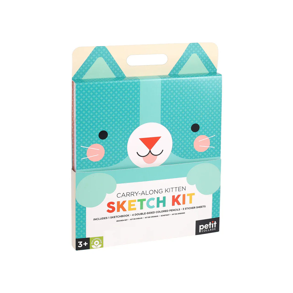 Petit Collage children's portable art kit featuring a smiling turquoise kitten carry case with ears, pink cheeks and built-in handle
