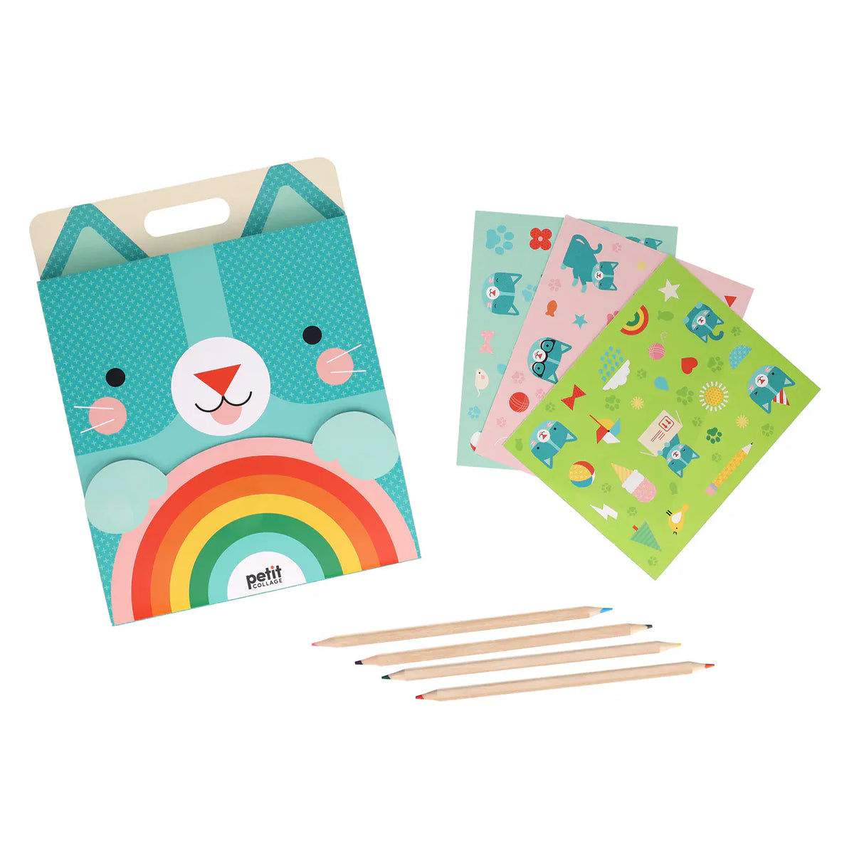 Petit Collage kitten drawing activity kit showing cat-shaped carry case, three colourful sticker sheets and four double-ended colouring pencils