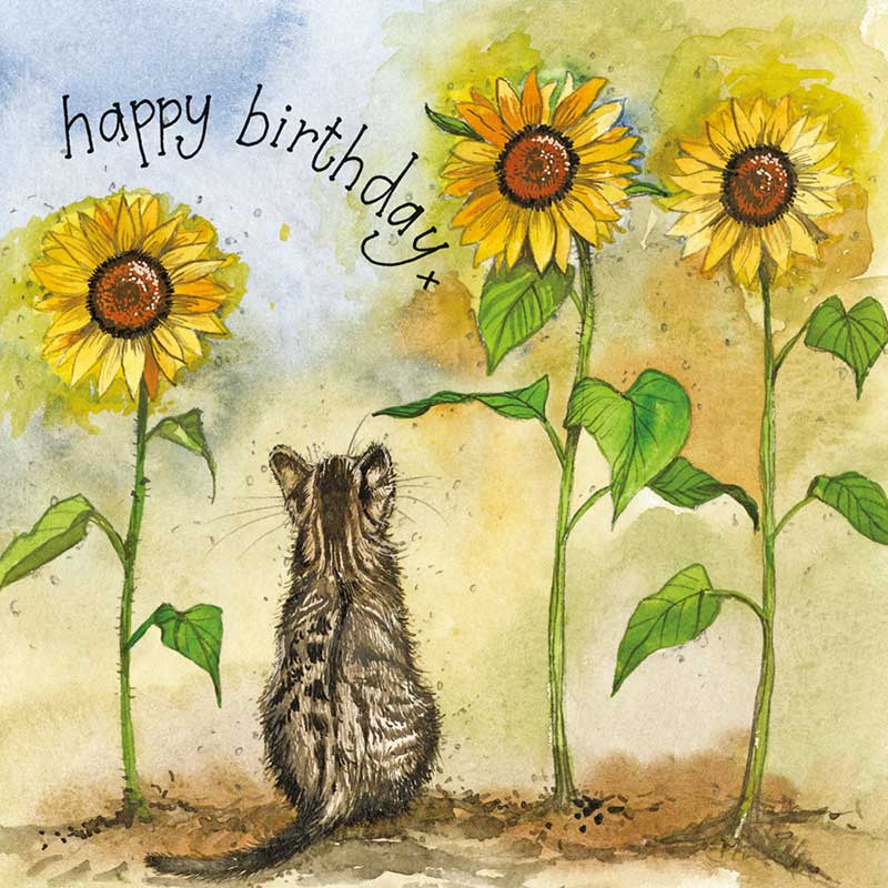 Alex Clark Large Gold Foiled Card - Cat & Sunflowers