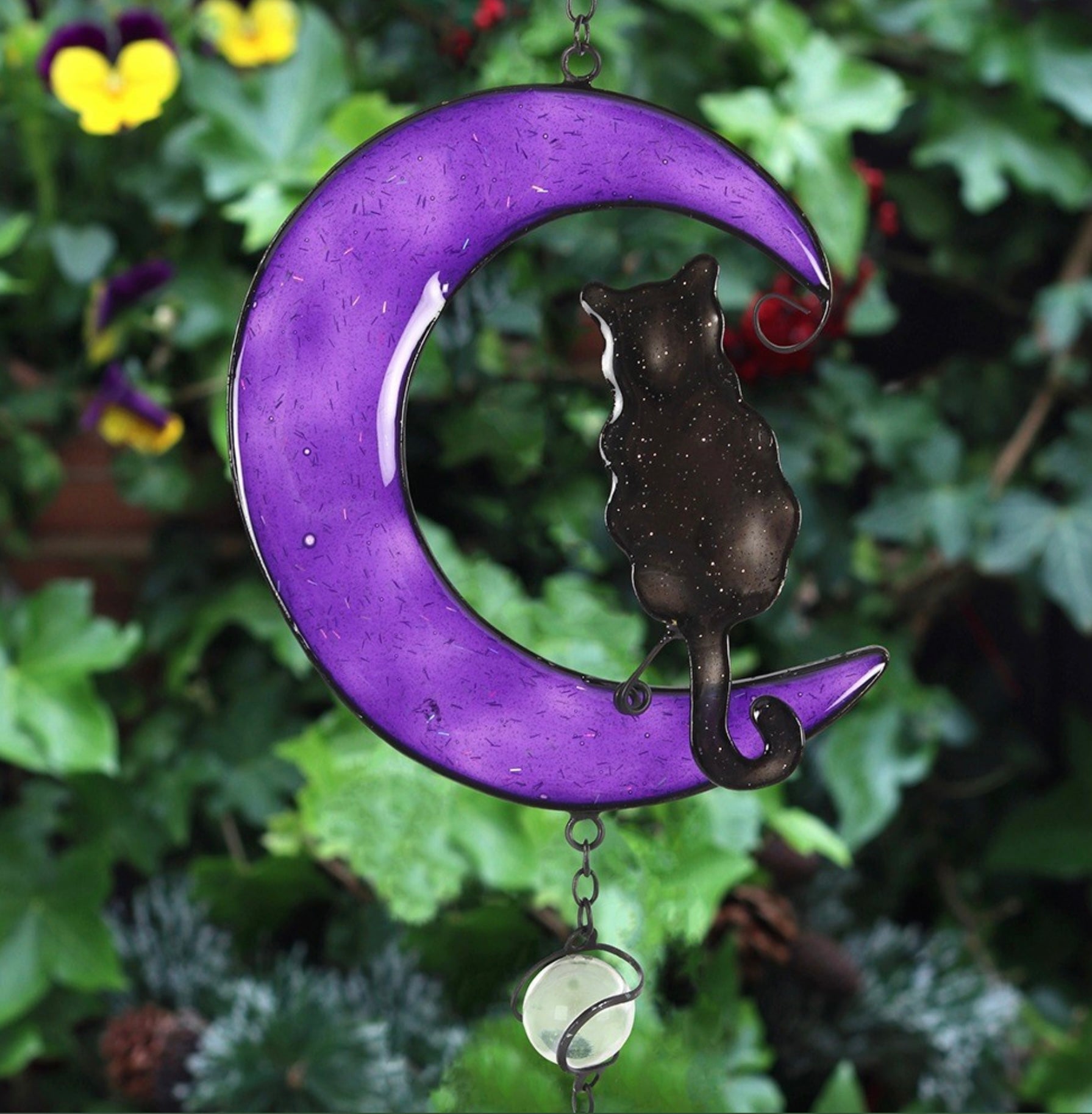 Hand Crafted Purple Moon / Black Cat Wind Chime