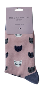 Miss Sparrow Ladies Bamboo Socks 'Kitty Faces' 4 Colours