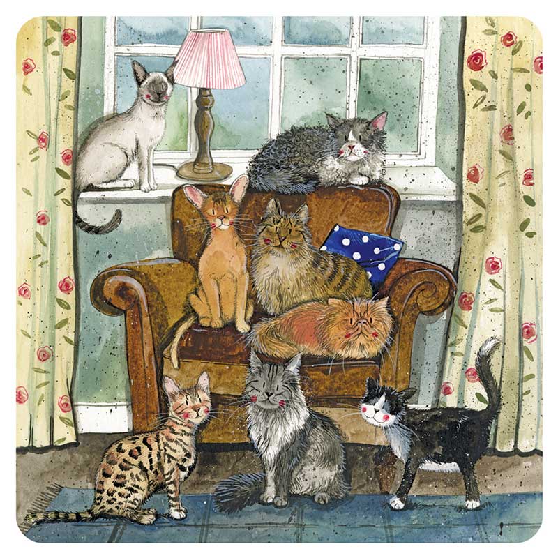 Alex Clark Cat House square coaster showing a cosy armchair surrounded by cats of different colours and breeds