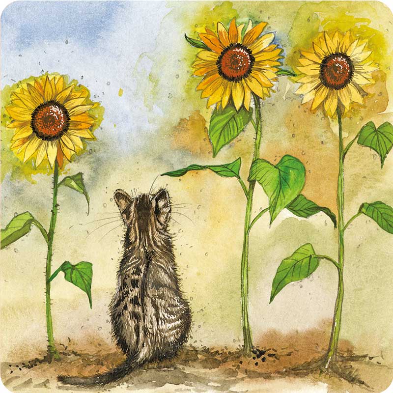 Alex Clark Cat and Sunflowers square coaster showing a small tabby cat gazing up at tall golden sunflowers