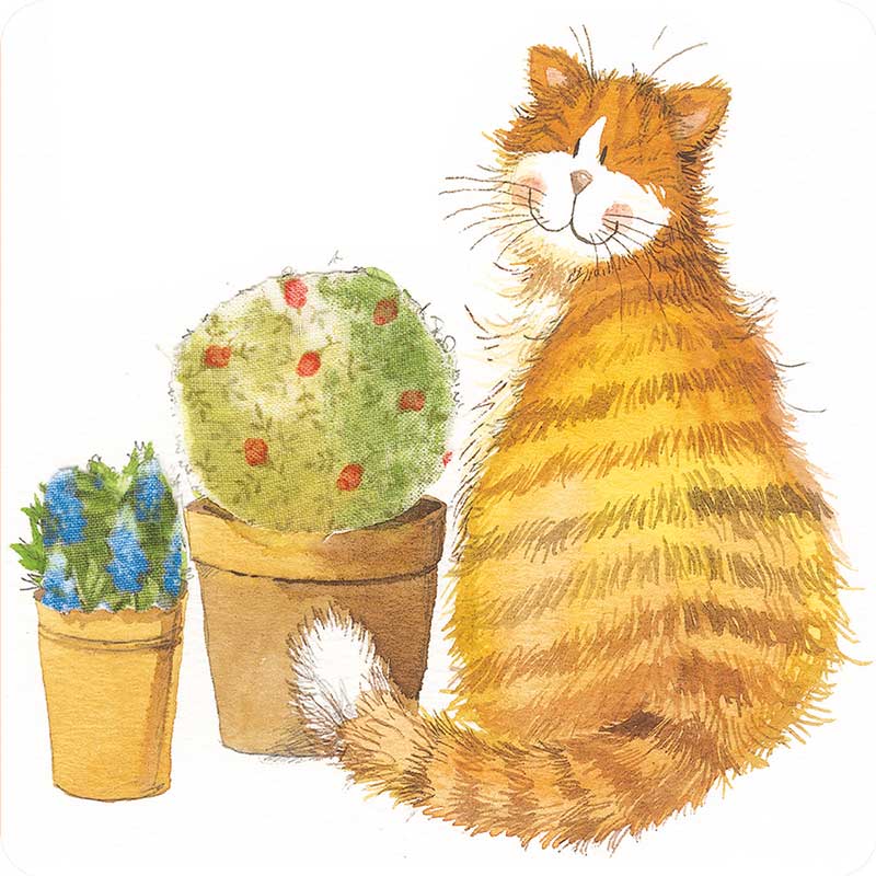 Alex Clark Cat’s Whiskers square coaster featuring a smiling ginger cat sitting beside colourful potted cacti