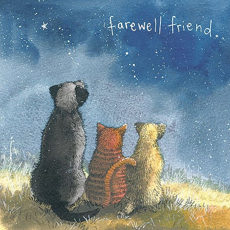 Alex Clark Farewell Friend pet sympathy card showing a cat and two dogs sitting together beneath a blue starry night sky
