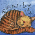 Alex Clark Love and a Cat greeting card featuring a sleeping ginger tabby on a blue background with the words All you need is Love and a Cat