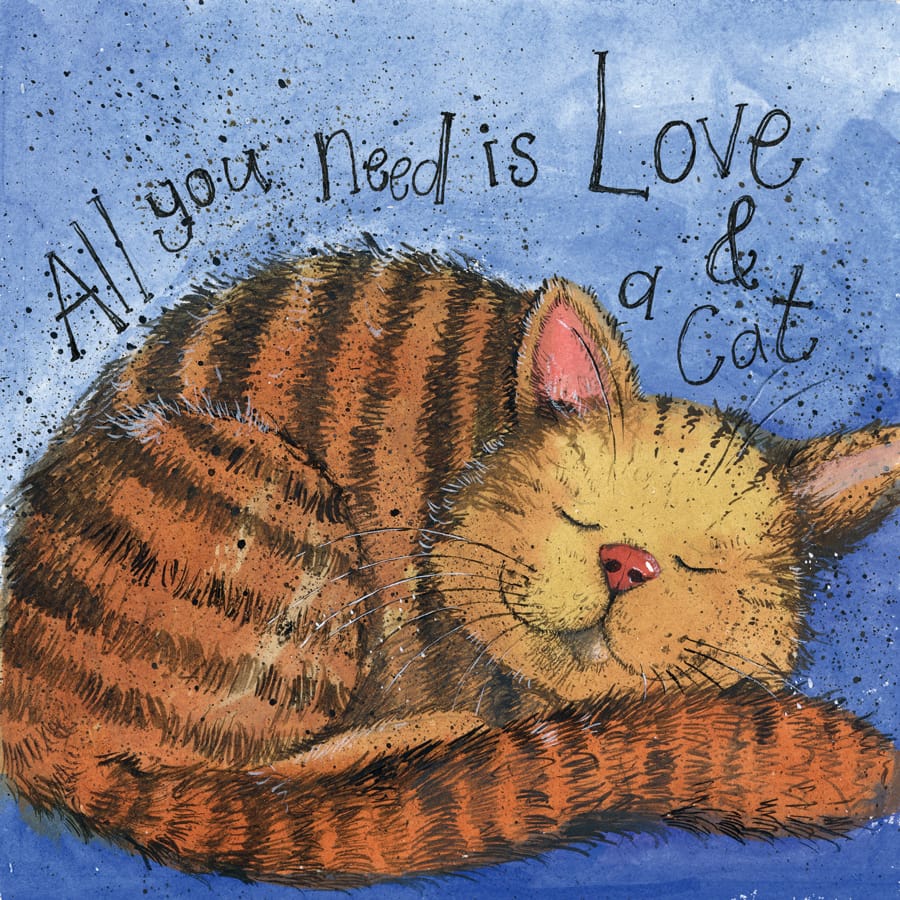 Alex Clark Love and a Cat greeting card featuring a sleeping ginger tabby on a blue background with the words All you need is Love and a Cat