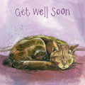 Alex Clark Classic Square Get Well Soon card featuring Mavis, a tabby cat curled up asleep against a soft pink and purple background.