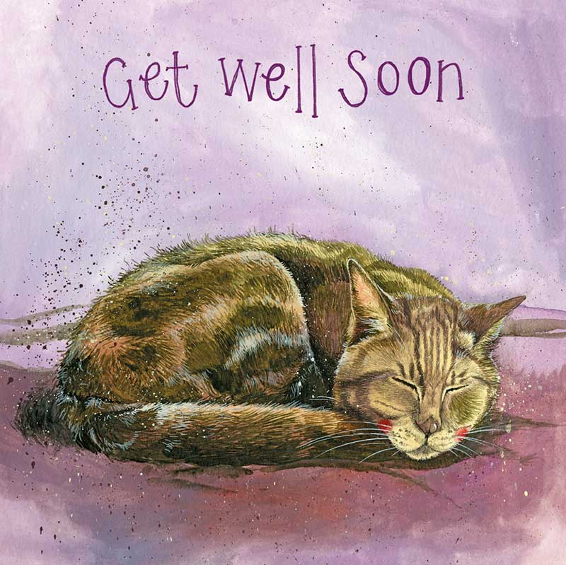 Alex Clark Classic Square Get Well Soon card featuring Mavis, a tabby cat curled up asleep against a soft pink and purple background.