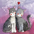Alex Clark Purrfect Pair greeting card featuring two cuddling grey tabby cats with rosy cheeks, a red heart and Purrfect Pair wording.