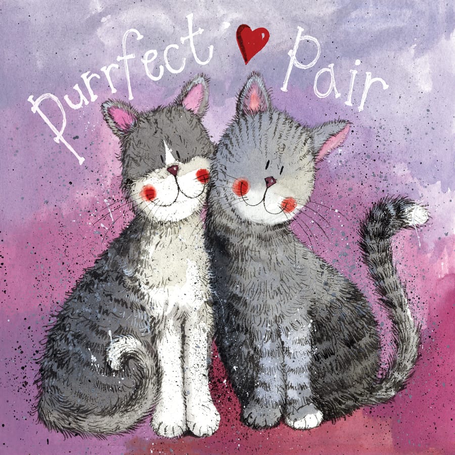 Alex Clark Purrfect Pair greeting card featuring two cuddling grey tabby cats with rosy cheeks, a red heart and Purrfect Pair wording.