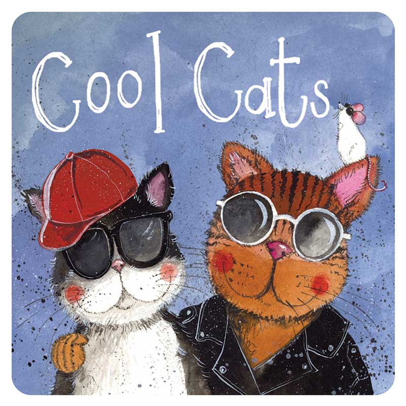 Alex Clark Cool Cats square coaster featuring a black and white cat and ginger cat wearing sunglasses