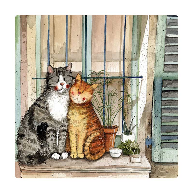Alex Clark Provence Cats fridge magnet featuring a grey and white cat cuddling a ginger cat together on a sunny windowsill