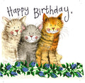 Alex Clark Large Sparkle birthday card featuring three smiling cream, grey and ginger cats with glittery cheeks above blue flowers and Happy Birthday wording.