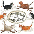 Alex Clark Little Sparkles birthday card featuring six colourful running cats around the words Happy Birthday to a Crazy Cat Lady.