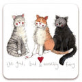 Alex Clark The Good, Bad & Incredibly Furry single cork-backed coaster featuring three fluffy cats with the humorous caption "The Good, Bad & Incredibly Furry" in a charming watercolour illustration.
