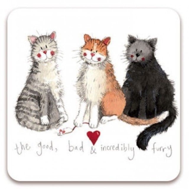 Alex Clark The Good, Bad & Incredibly Furry single cork-backed coaster featuring three fluffy cats with the humorous caption "The Good, Bad & Incredibly Furry" in a charming watercolour illustration.
