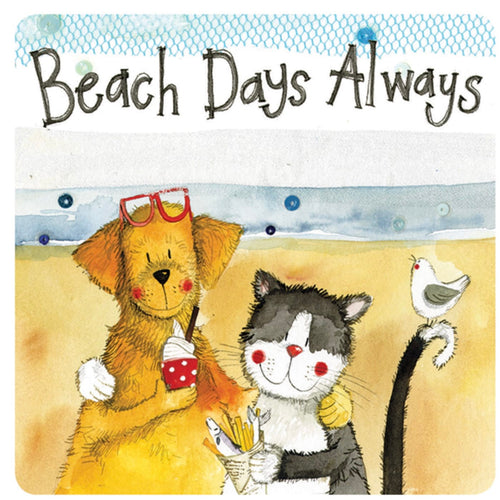 Alex Clark Cat & Dog Beach Days single coaster with cat, dog and seagull enjoying a colourful seaside scene