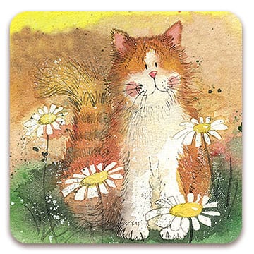 Alex Clark Cat and Daisies single cork-backed coaster featuring a beautiful ginger and white cat sitting amongst white daisy flowers in a colourful countryside watercolour illustration.
