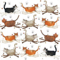 Square Alex Clark Cats coaster featuring colourful black, ginger, brown and grey running cats with paw prints on a white background.
