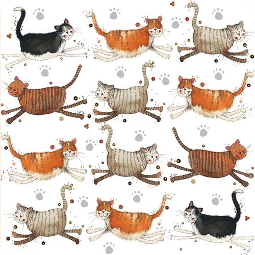 Square Alex Clark Cats coaster featuring colourful black, ginger, brown and grey running cats with paw prints on a white background.
