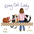 Alex Clark Crazy Cat Lady coaster featuring a woman sitting with four colourful cats, surrounded by polka-dot detailing and small flowers.