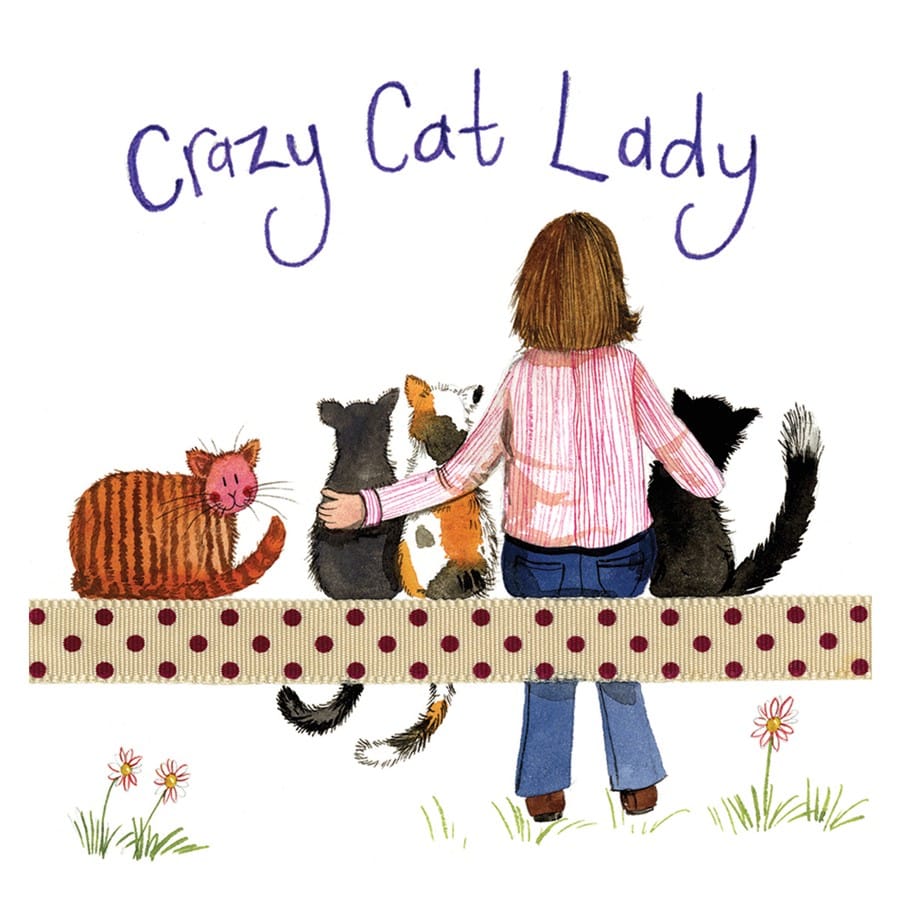 Alex Clark Crazy Cat Lady coaster featuring a woman sitting with four colourful cats, surrounded by polka-dot detailing and small flowers.
