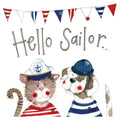 Alex Clark Hello Sailor single coaster featuring a rosy-cheeked cat and dog wearing striped nautical outfits and sailor hats beneath colourful bunting