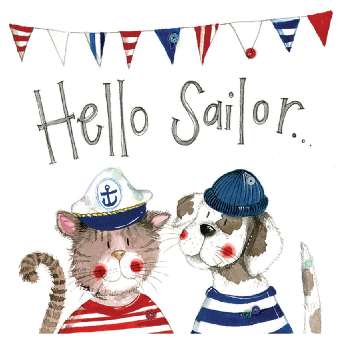 Alex Clark Hello Sailor single coaster featuring a rosy-cheeked cat and dog wearing striped nautical outfits and sailor hats beneath colourful bunting