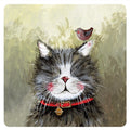 Square Alex Clark Klaus coaster featuring a fluffy black and white cat in a red collar with a tiny pink bird perched between his ears.