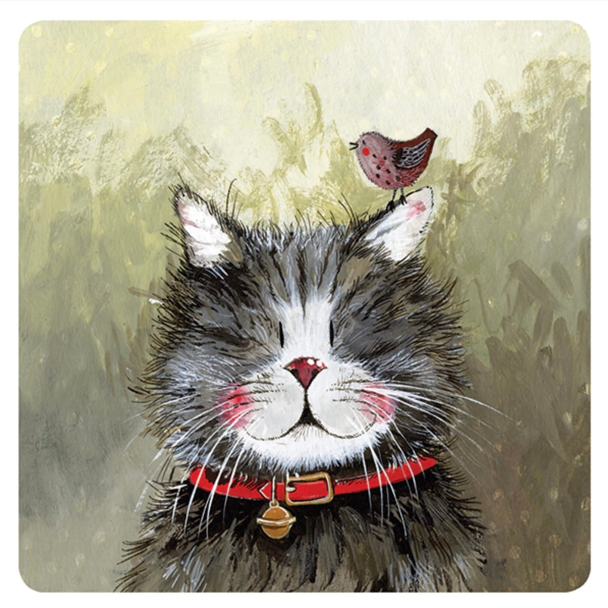 Square Alex Clark Klaus coaster featuring a fluffy black and white cat in a red collar with a tiny pink bird perched between his ears.