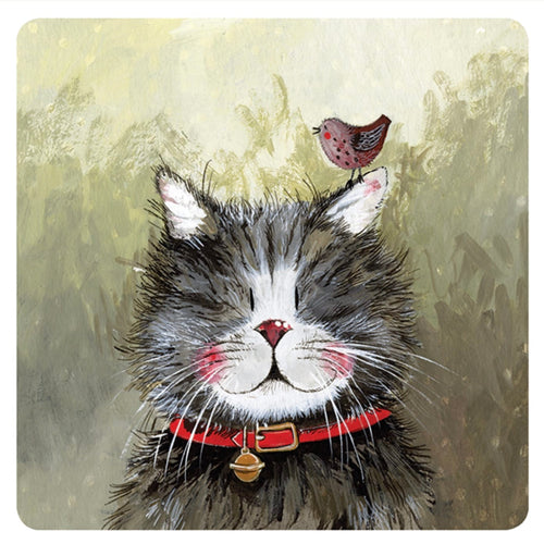 Square Alex Clark Klaus coaster featuring a fluffy black and white cat in a red collar with a tiny pink bird perched between his ears.