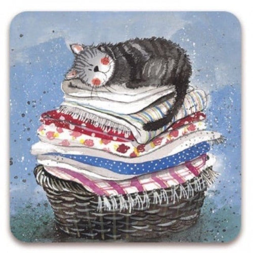 Alex Clark Laundry Basket Cat single cork-backed coaster featuring a sleeping grey tabby cat curled up on a stack of freshly folded laundry in a wicker basket with blue watercolour background.