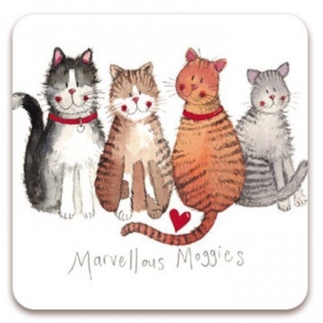 Alex Clark Marvellous Moggies Cats single cork-backed coaster featuring four adorable cats sitting together with the words "Marvellous Moggies" beneath the colourful watercolour illustration.