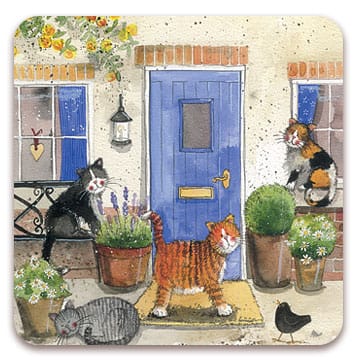 Alex Clark New Cats Chorus single cork-backed coaster featuring four curious cats around a charming cottage doorway with colourful flowers, blue front door and beautiful countryside watercolour artwork.