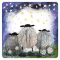 Alex Clark Starlight Sheep single coaster featuring three woolly sheep amongst daisies beneath a purple and gold starry night sky
