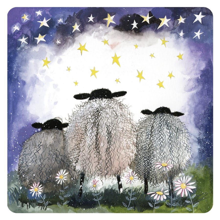 Alex Clark Starlight Sheep single coaster featuring three woolly sheep amongst daisies beneath a purple and gold starry night sky
